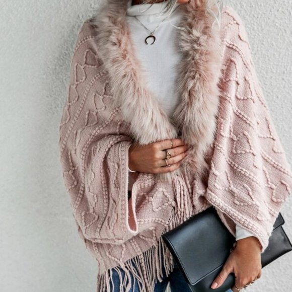 pink vegan fur fringe detail open front cardigan - Picture 6 of 6